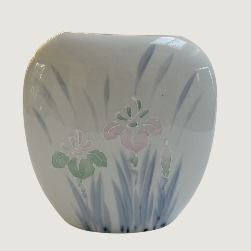 Japanese Porcelain Hand Painted Blue Pink Iris Flowers White Decor Floral Vase